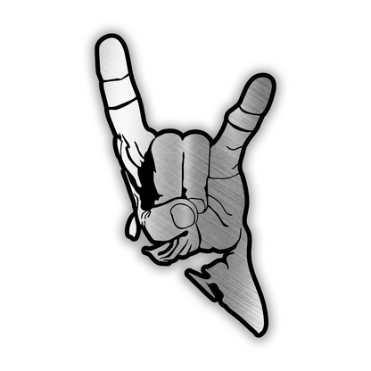 Engraved Rock and Roll hand sign car badge emblem in brushed silver and black