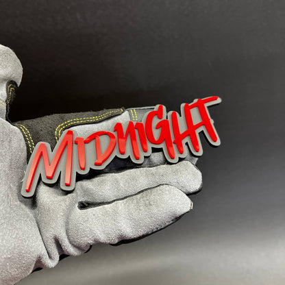 Acrylic custom nameplate emblem with Midnight lettering for automotive styling