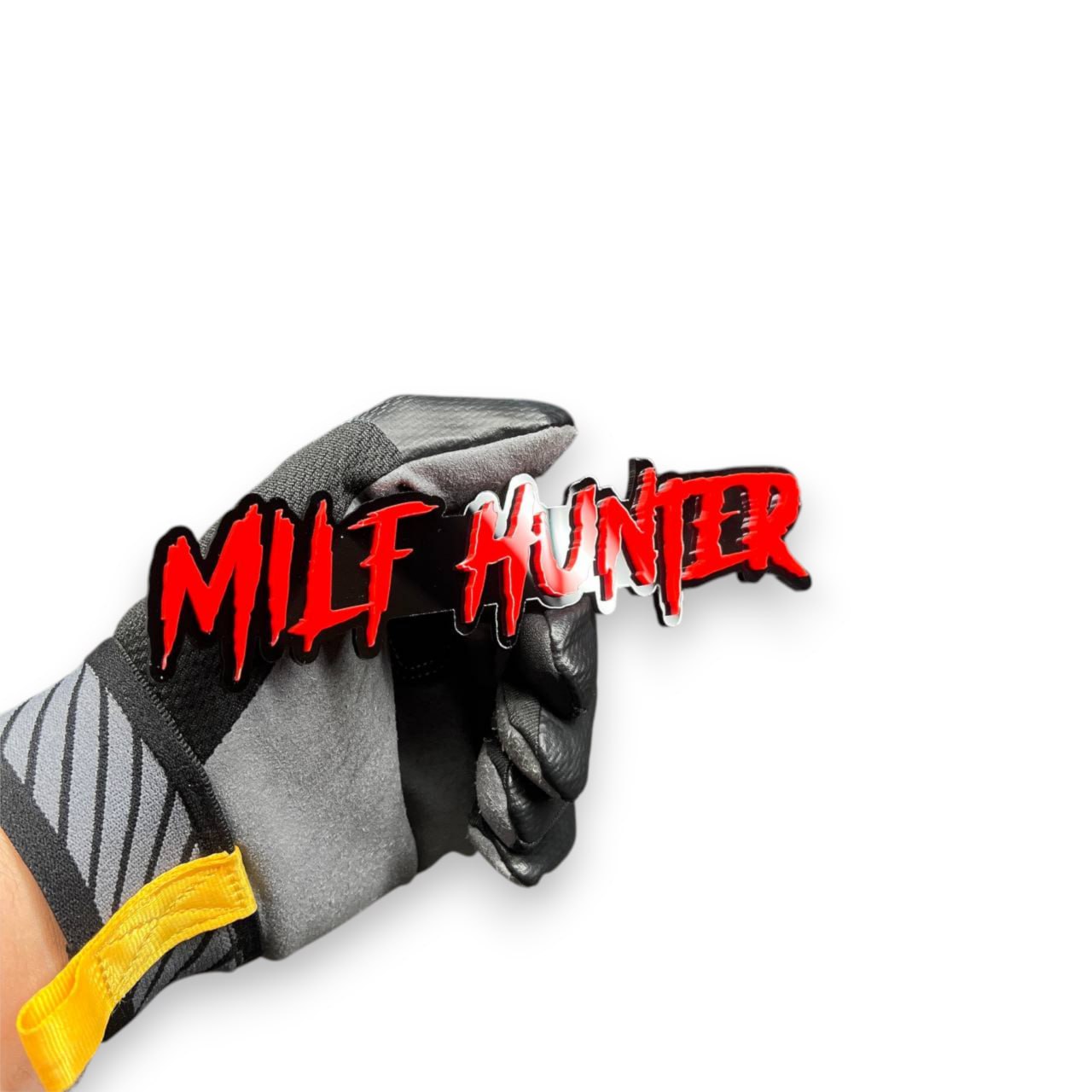 Milf Hunter horror text car emblem with aggressive dripping font for Mustang