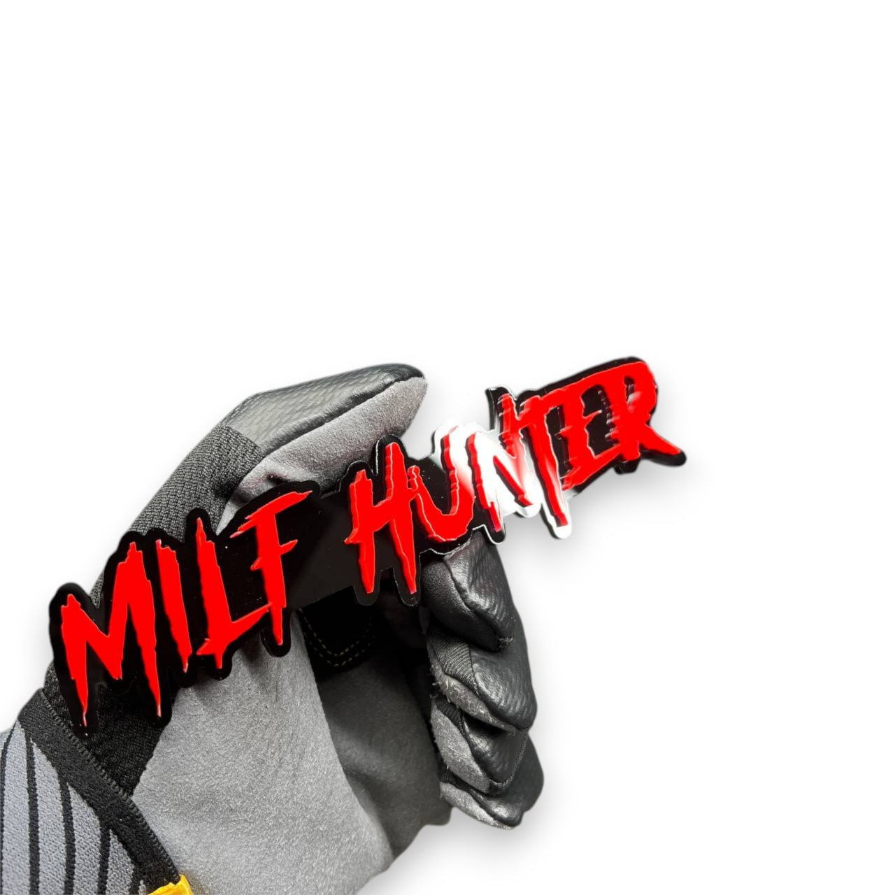 Milf Hunter acrylic car badge red black drip font emblem for Silverado