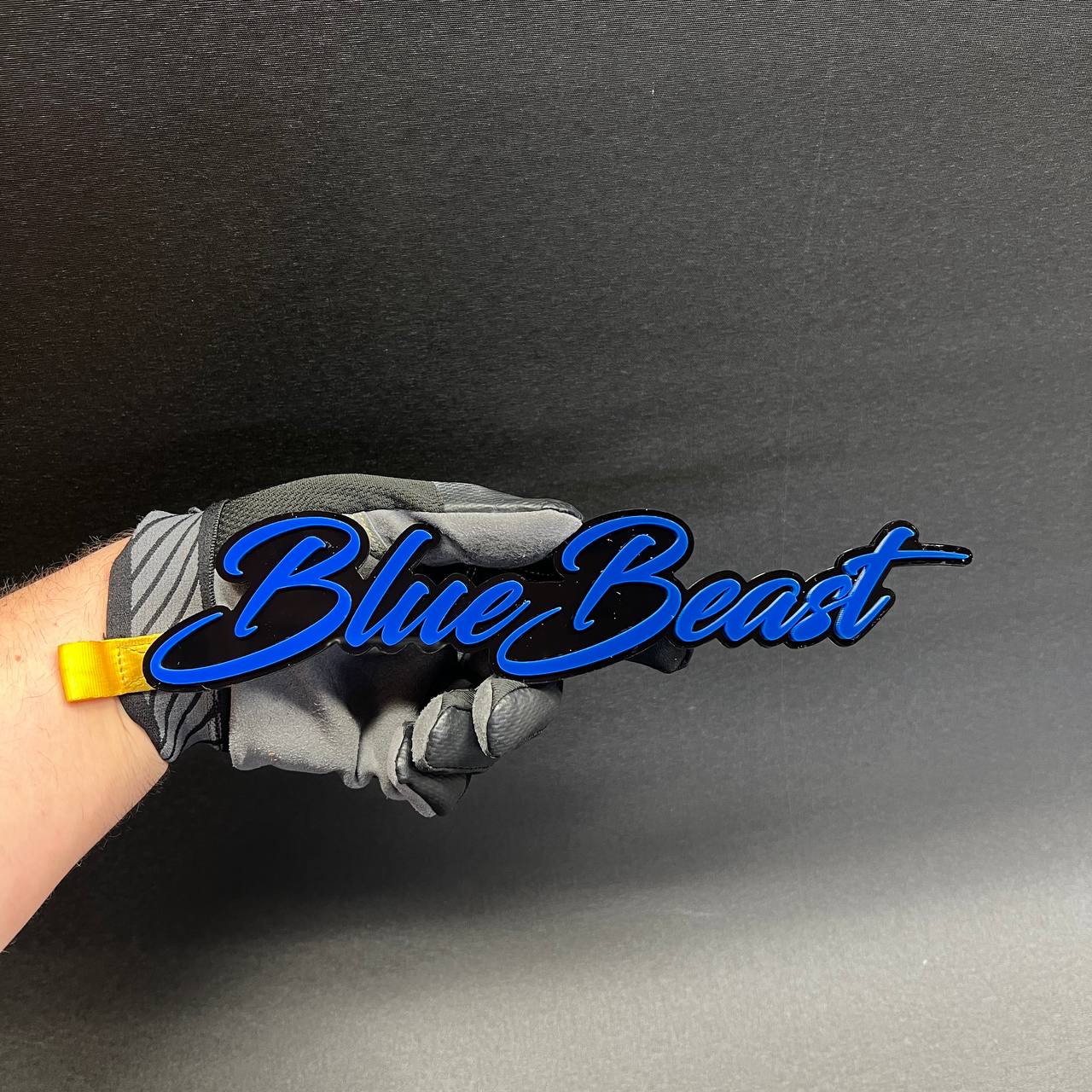 Glossy layered acrylic custom name badge with blue script lettering
