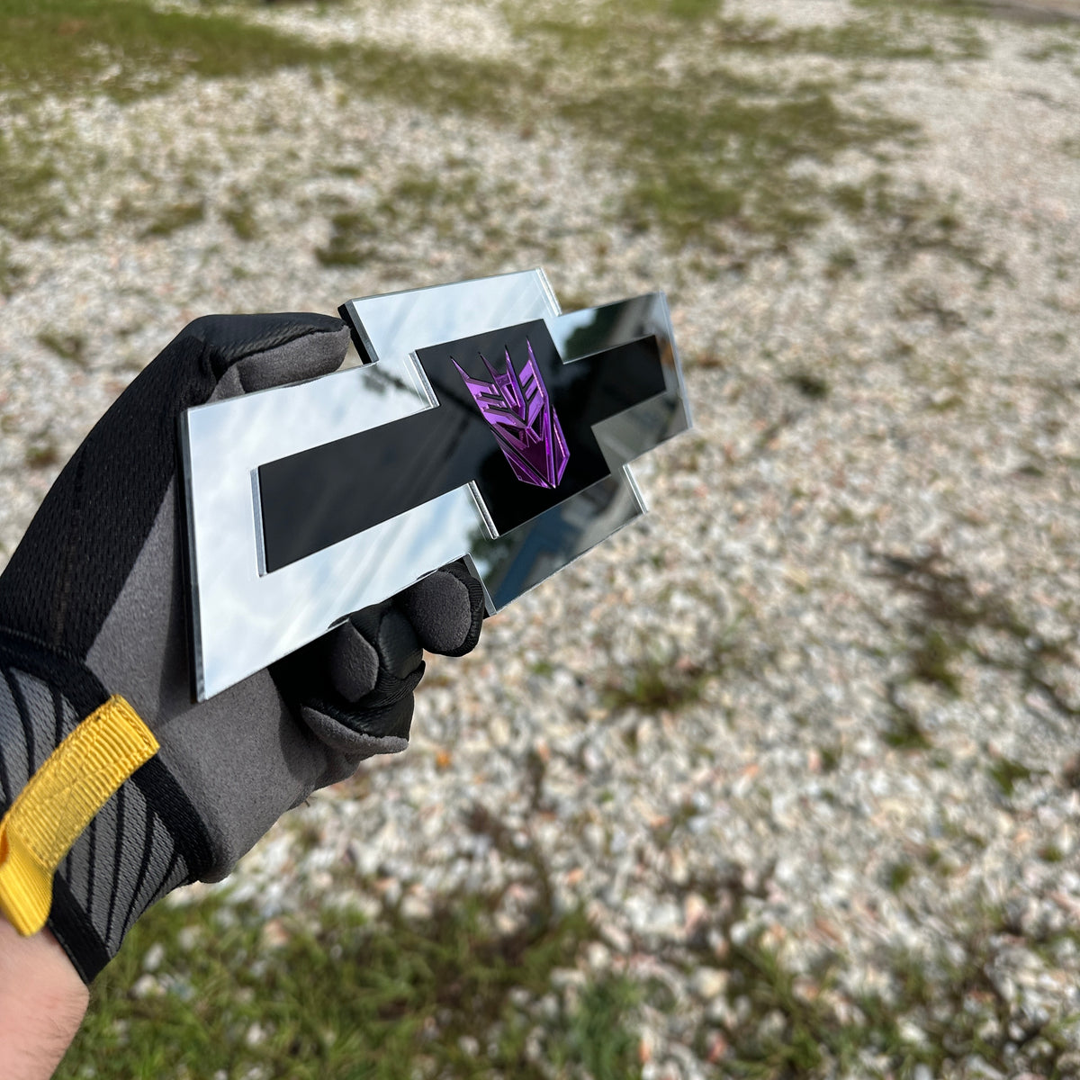 Mirror purple Decepticon Chevy Bowtie badge for custom vehicle exterior