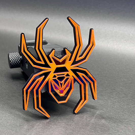 Premium Black Widow hitch cover badge designed for standard 2-inch hitch receivers.