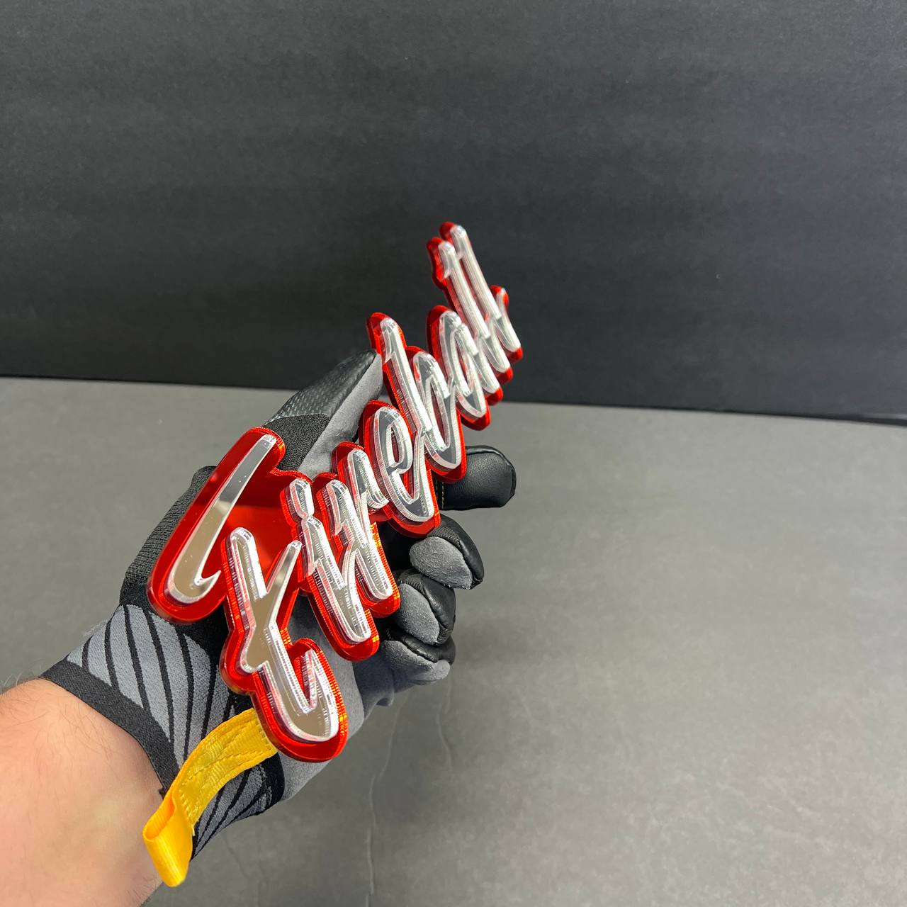 Personalized Fireball cursive badge in layered red and mirror acrylic