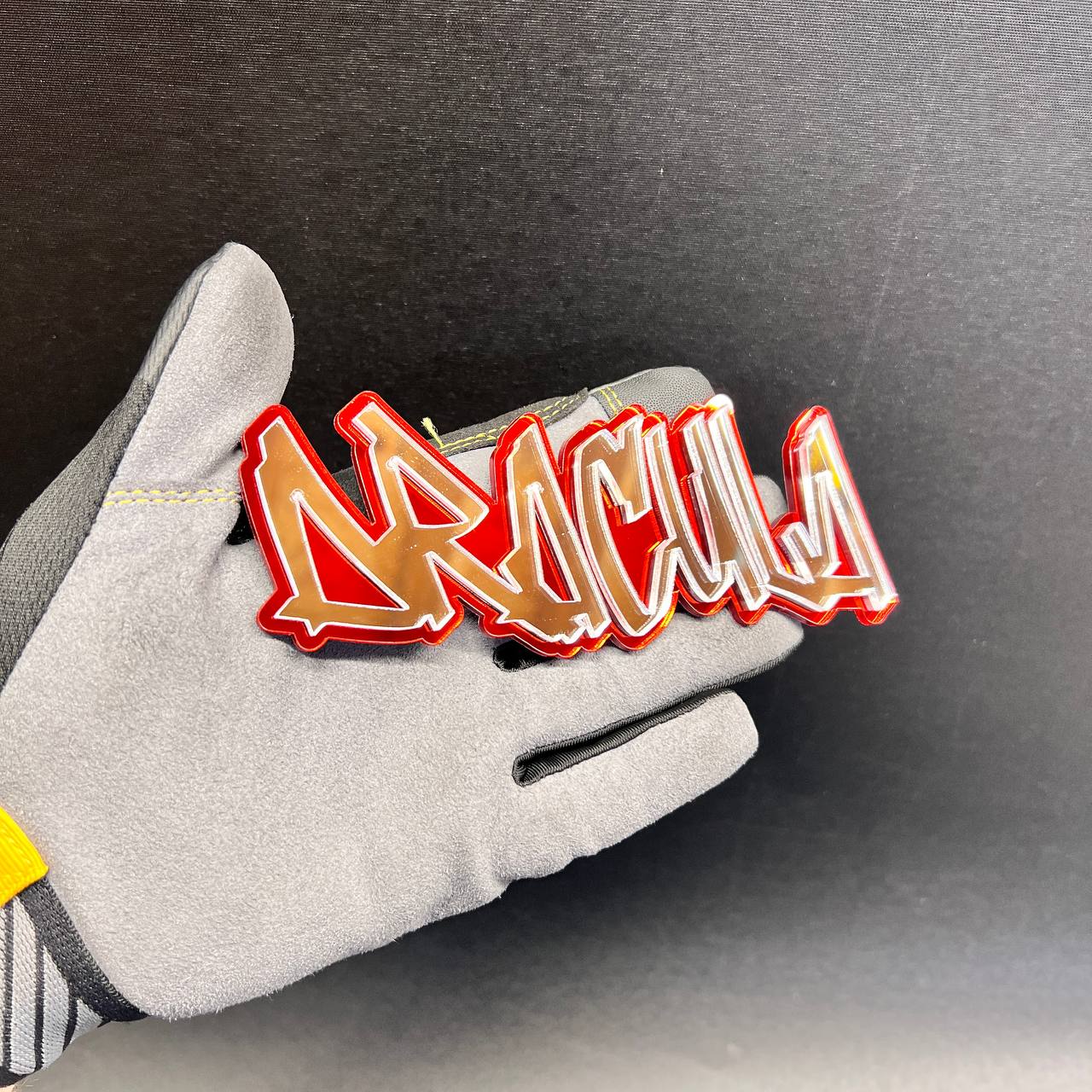 DRACULA car badge fender emblem with mirror silver lettering and red outline