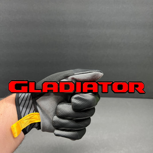 Custom GLADIATOR text badge in gloss red and black acrylic for truck fender emblem