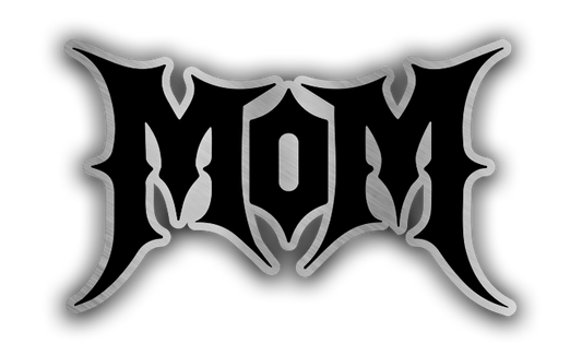 MOM engraved car badge with brushed silver finish and black gothic style lettering