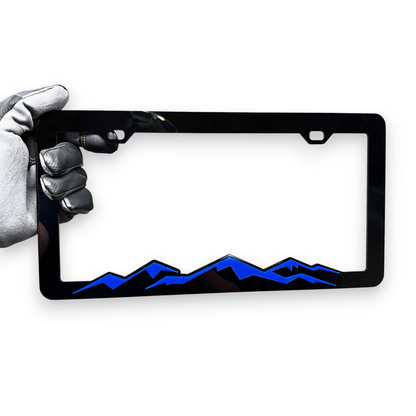 Red and black mountain themed plate frame for outdoor inspired vehicles