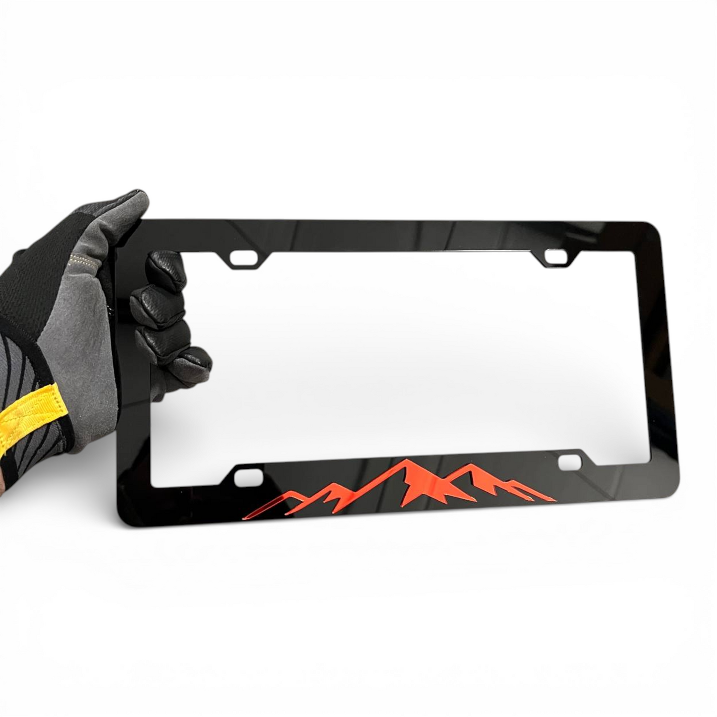 3D mountain license plate frame in glossy black acrylic for trucks and SUVs