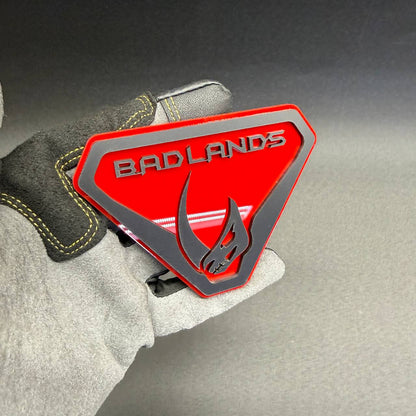 Bronco Mudhorn automotive badge with detailed black skull graphic and bold Badlands lettering, ideal for custom Ford Bronco 4x4 accessories.