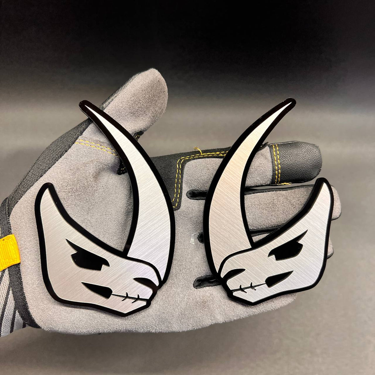 Brushed silver and black Mudhorn car badge emblem for custom vehicle styling