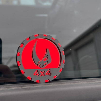 Mudhorn skull car badge on Jeep Wrangler JL fender offroad build