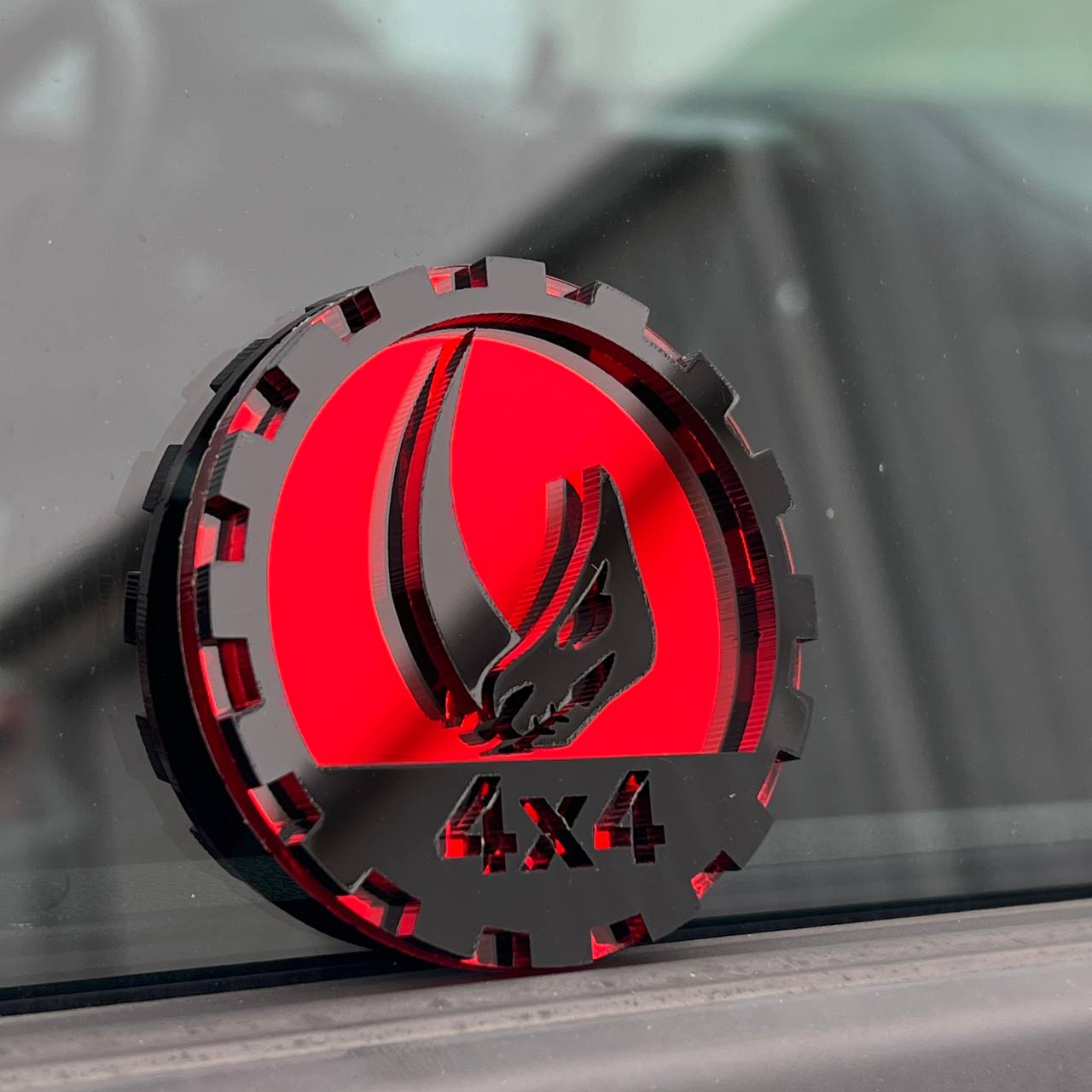 Mudhorn acrylic badge on Jeep Rubicon fender aggressive style