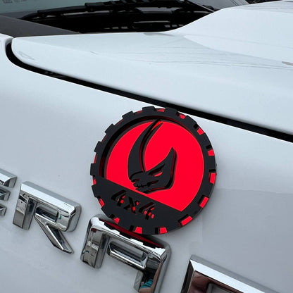 Mudhorn badge installed on Jeep Mojave desert truck
