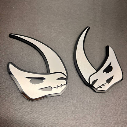 Custom Mudhorn car emblem and fender badge in brushed silver and black