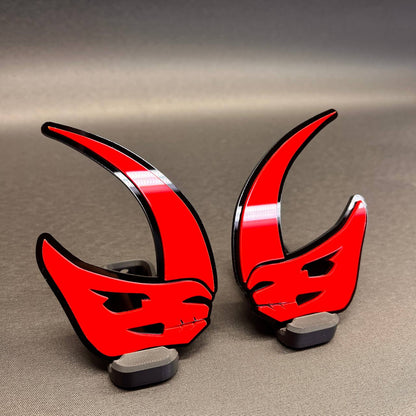 Red and black Mudhorn fender badge for custom vehicle styling