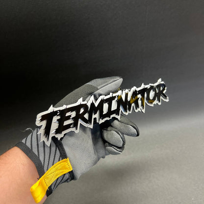 Black and silver TERMINATOR style text badge for offroad trucks and performance vehicle accessories