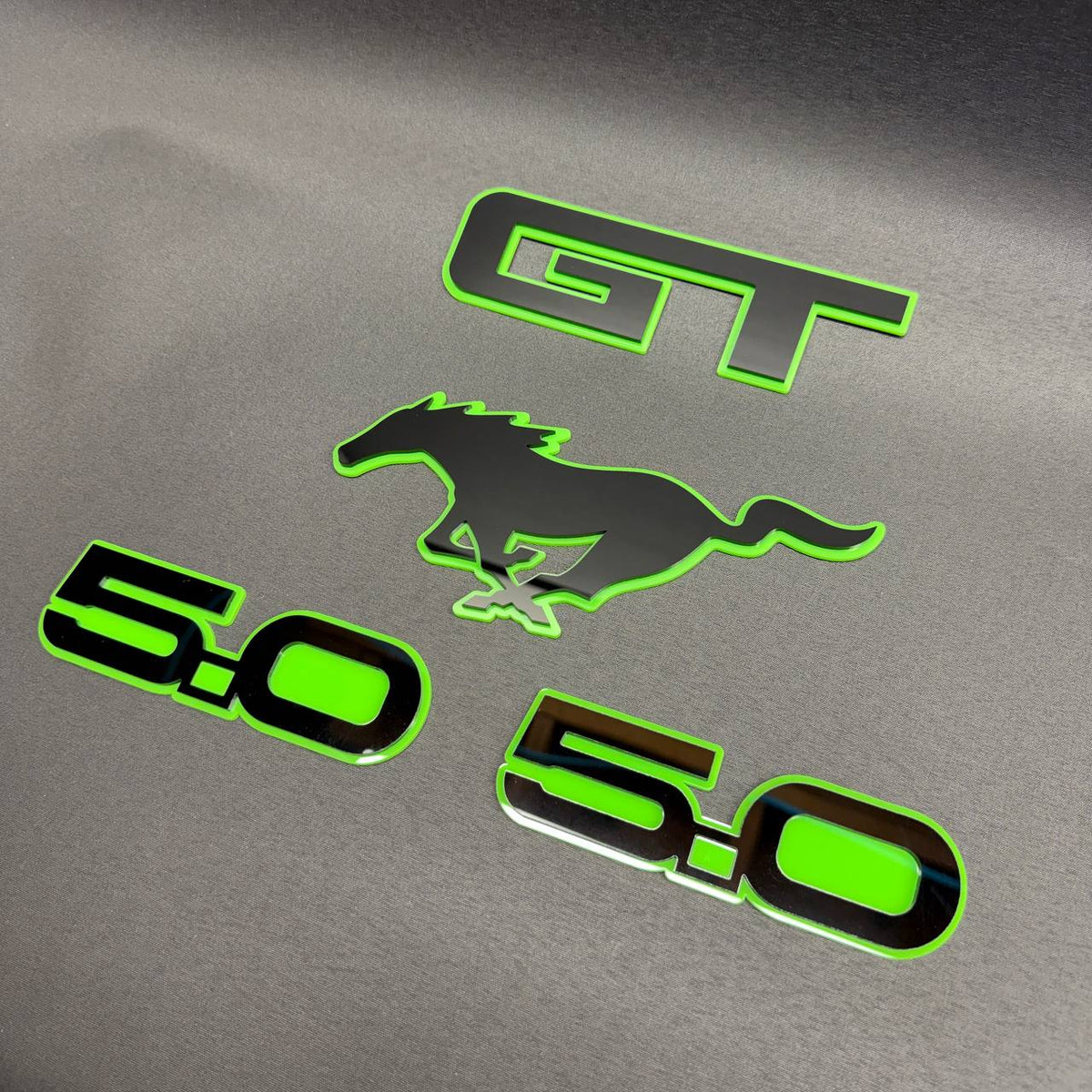 Ford Mustang GT 5.0 custom black and green car badge set with Pony emblem