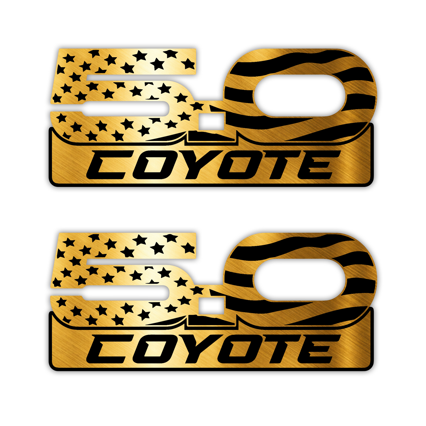 Patriotic Coyote 5.0 fender badge featuring engraved stars and stripes