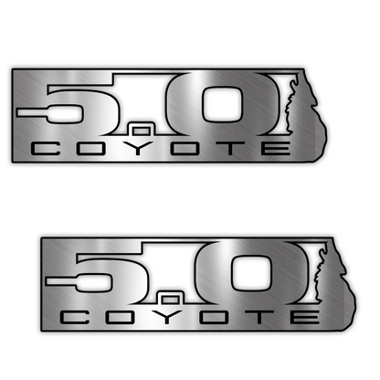 Engraved Coyote 5.0 car badge emblem with silver and black finish