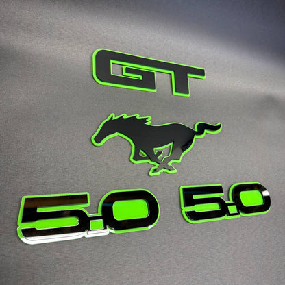Ford Mustang GT V8 custom fender and decklid badge set with two 5.0 emblems