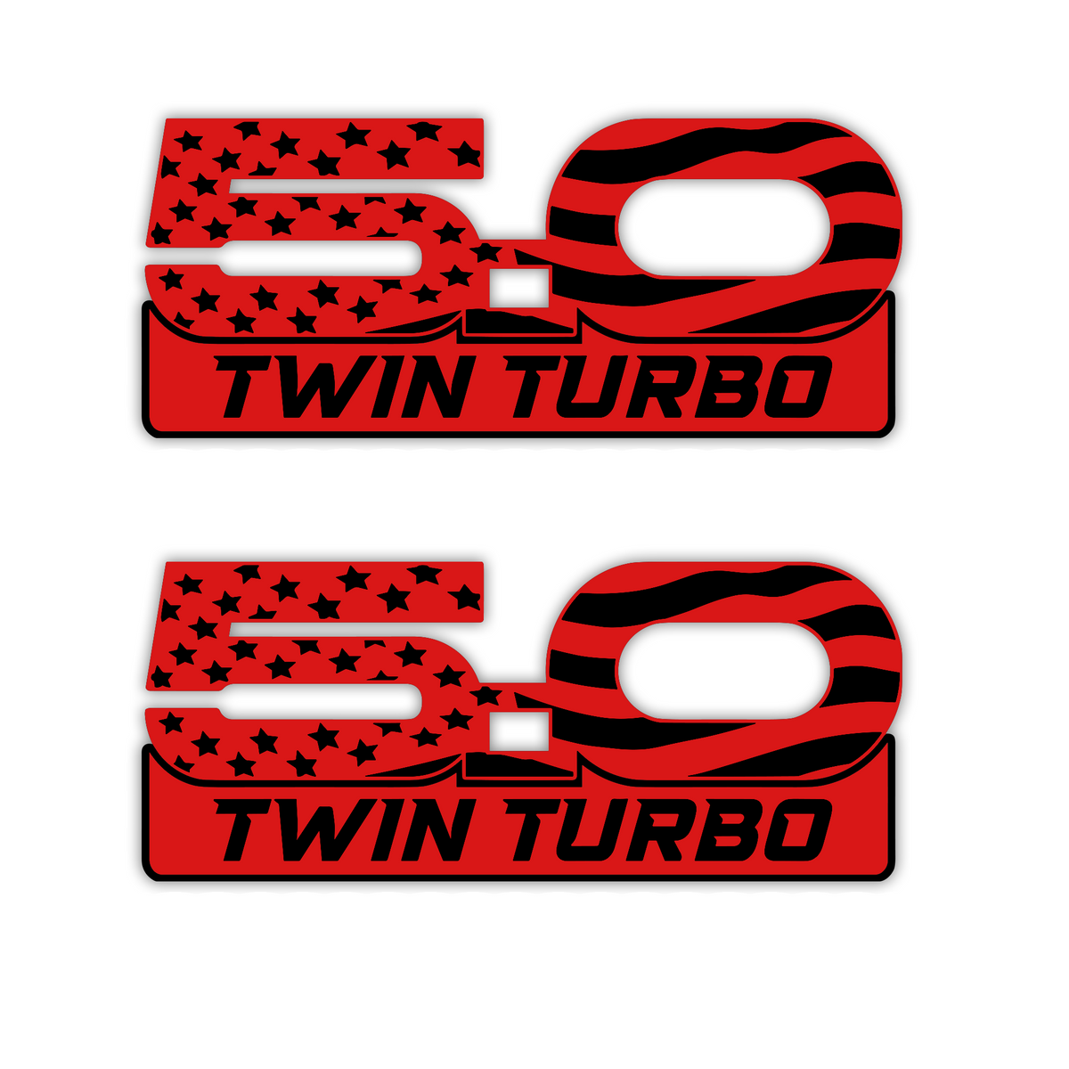 Silver engraved 5.0 Twin Turbo badge with black detailing