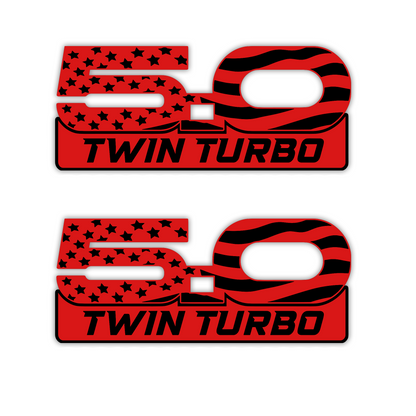 Silver engraved 5.0 Twin Turbo badge with black detailing