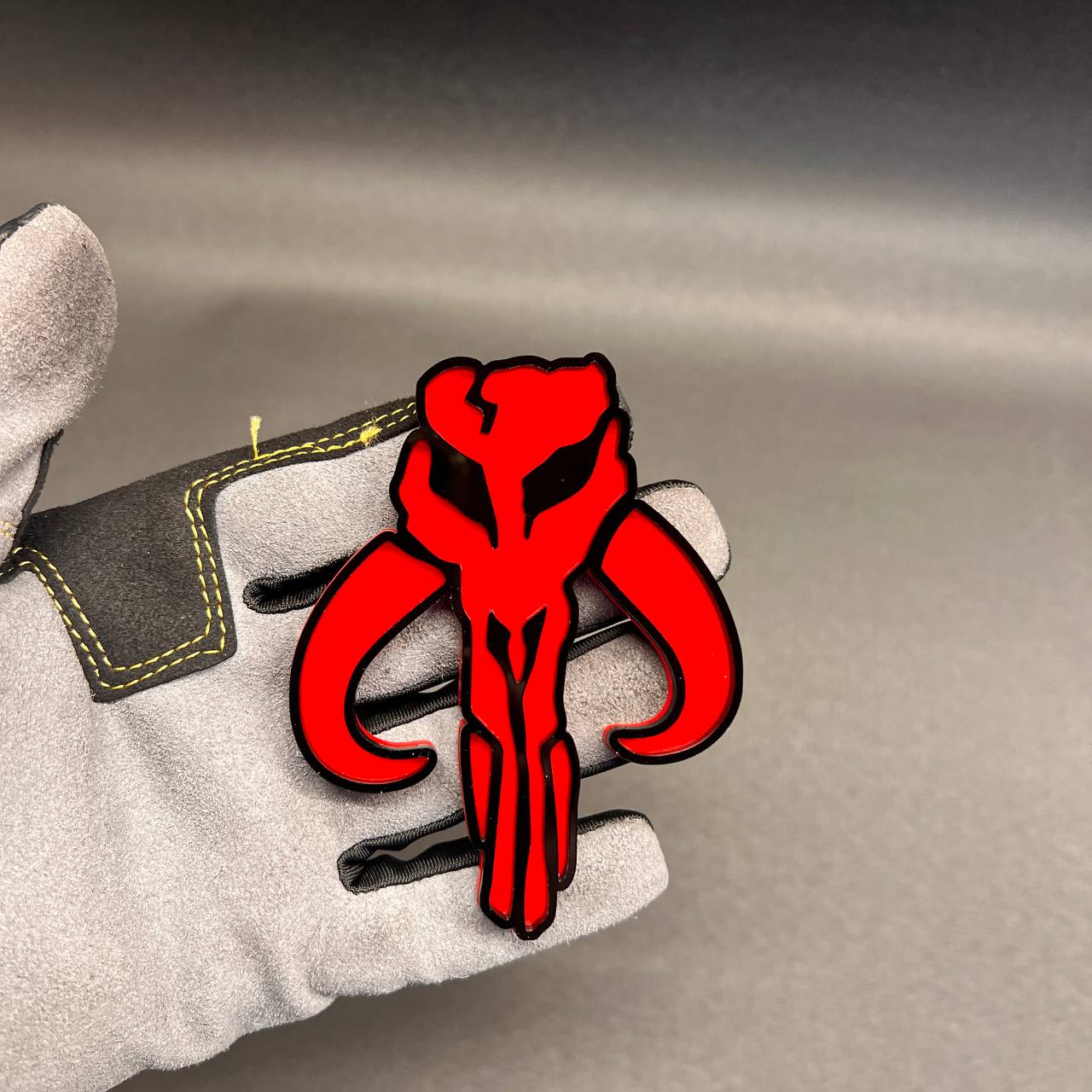 Red and black Mythosaur car badge custom automotive emblem