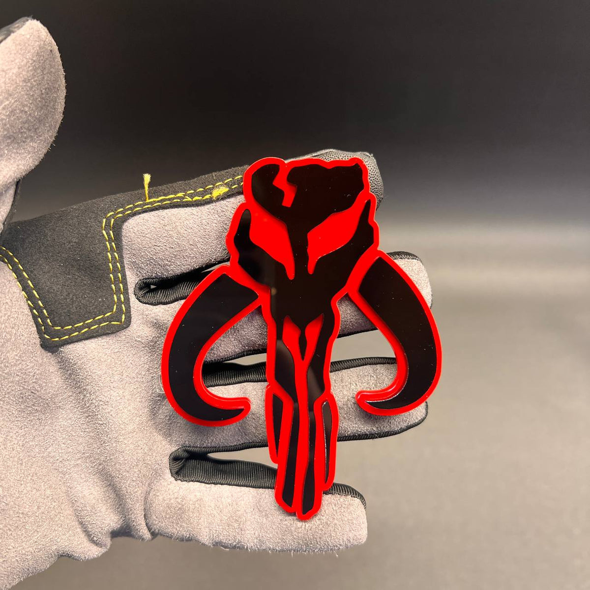 Black and red Mythosaur car badge custom automotive emblem