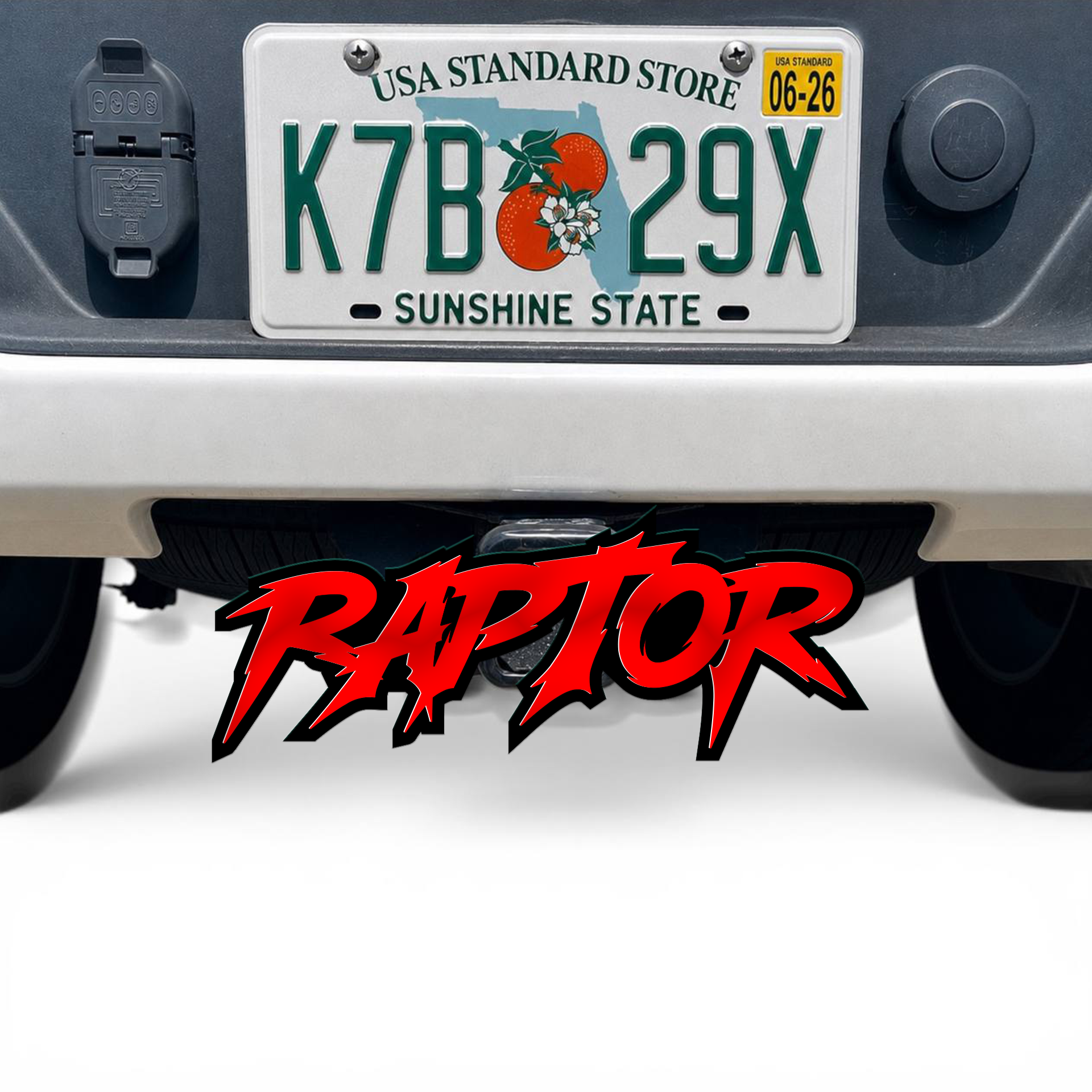 Black acrylic Raptor hitch cover for 2 inch trailer receiver with rugged offroad truck appearance for pickup and SUV builds