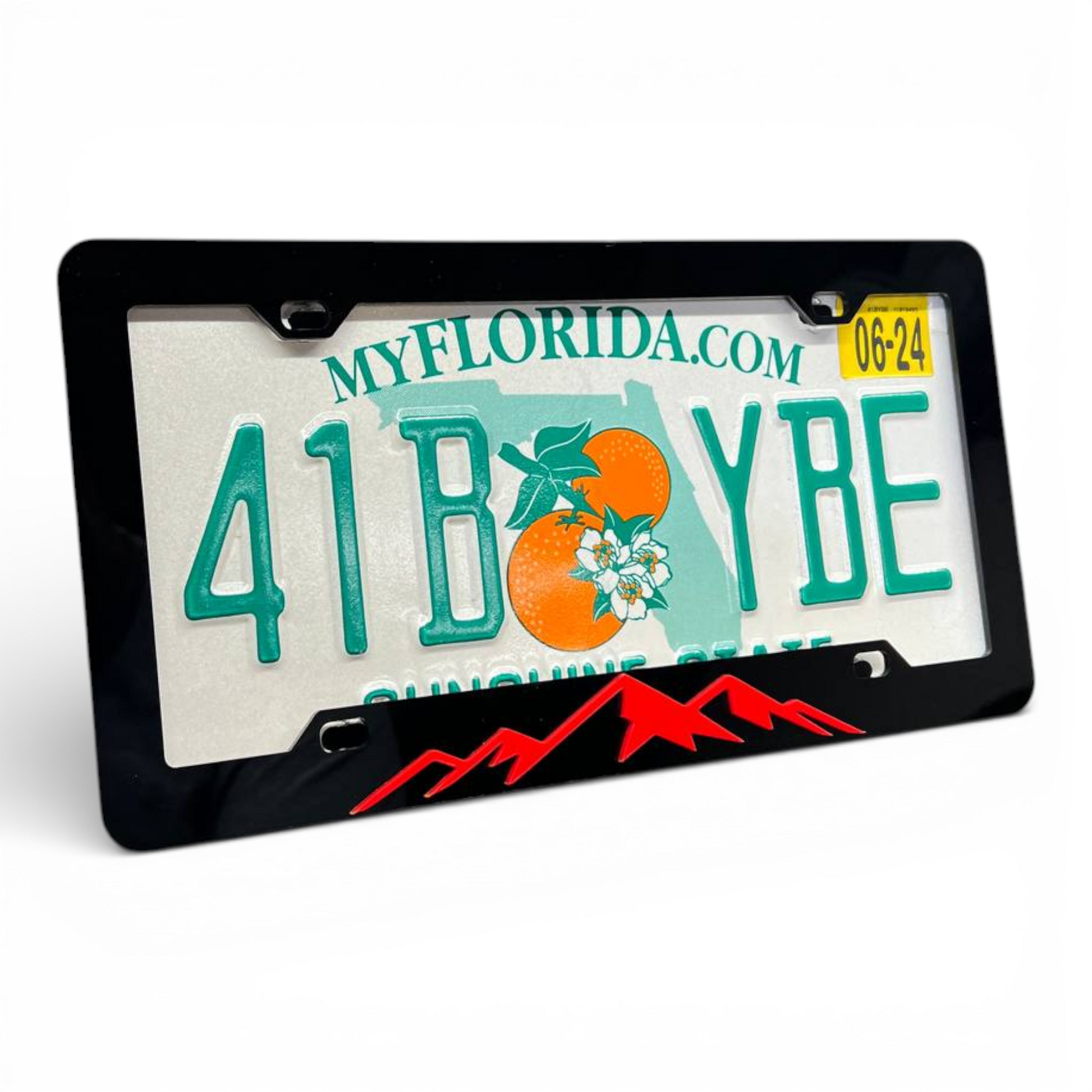 Black mountain peak license plate frame with rugged offroad style design