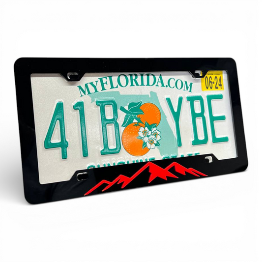 Black mountain peak license plate frame with rugged offroad style design