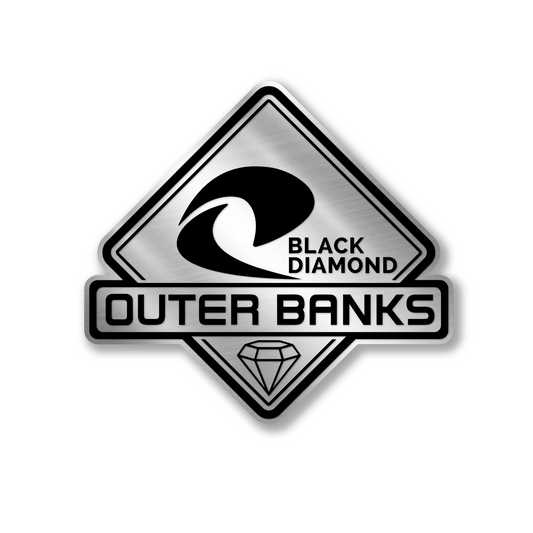 Laser engraved Outer Banks Black Diamond custom color car badge with premium layered design.