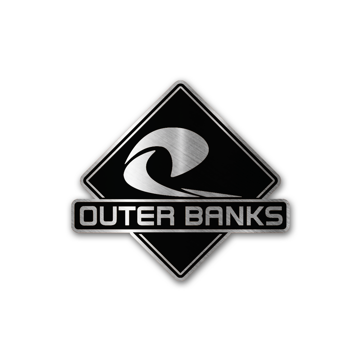 Outer Banks beach wave car emblem featuring brushed silver engraving