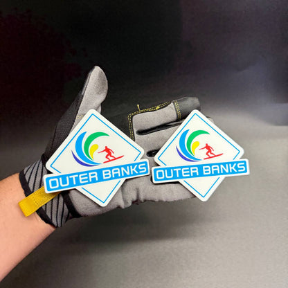 Pair of Outer Banks Bronco Sport fender badges with colorful surfing design