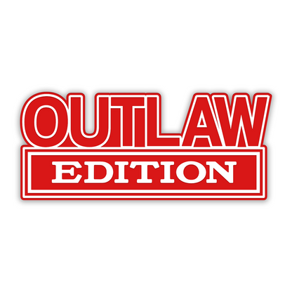 Outlaw Edition vehicle fender badge with silver engraved design