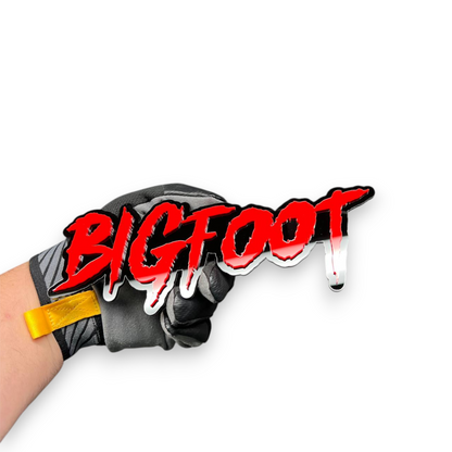 Red and black BIGFOOT custom text badge for offroad truck and performance vehicle styling