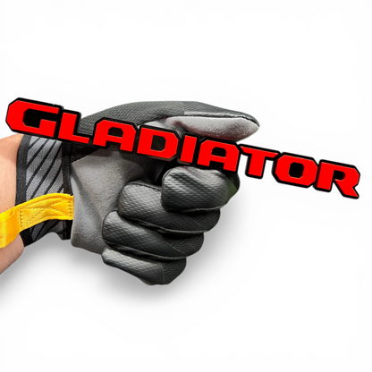 Gloss acrylic GLADIATOR badge with layered black backing for custom vehicle styling