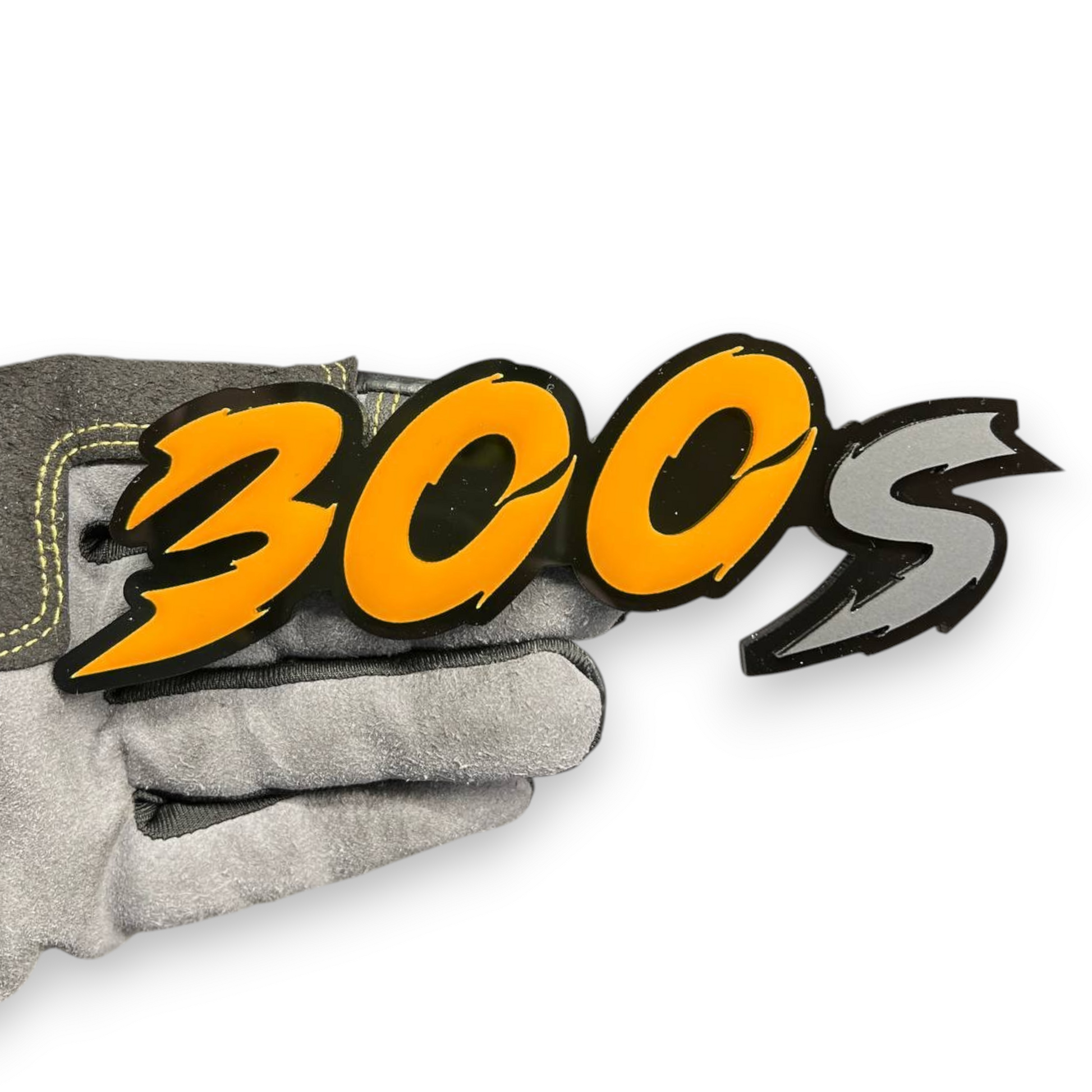 Handmade custom 300S automotive badge close-up