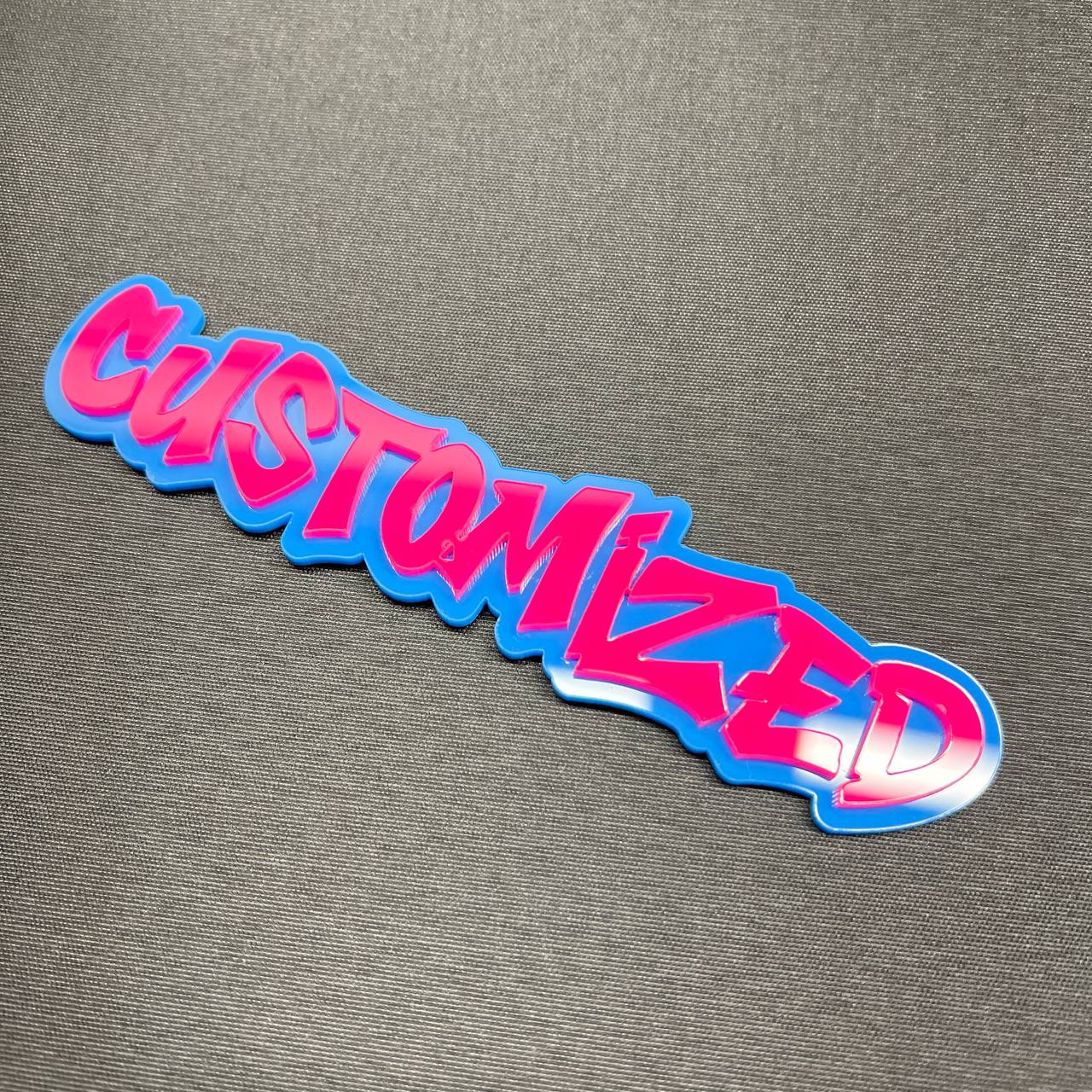 Personalized graffiti font car badge with custom text design