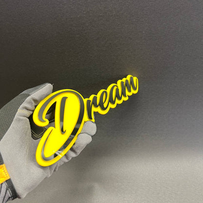 Yellow and black Dream script acrylic car badge emblem for Ford F150 truck customization