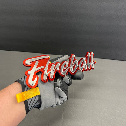 Fireball script car badge fender emblem in mirror silver and red acrylic
