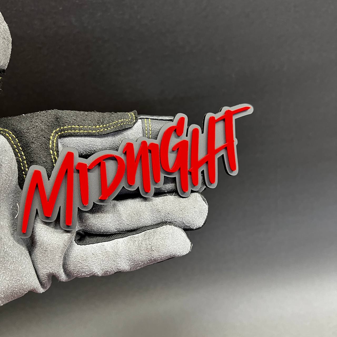 Double layer custom Midnight text car emblem with glossy red finish and black outline