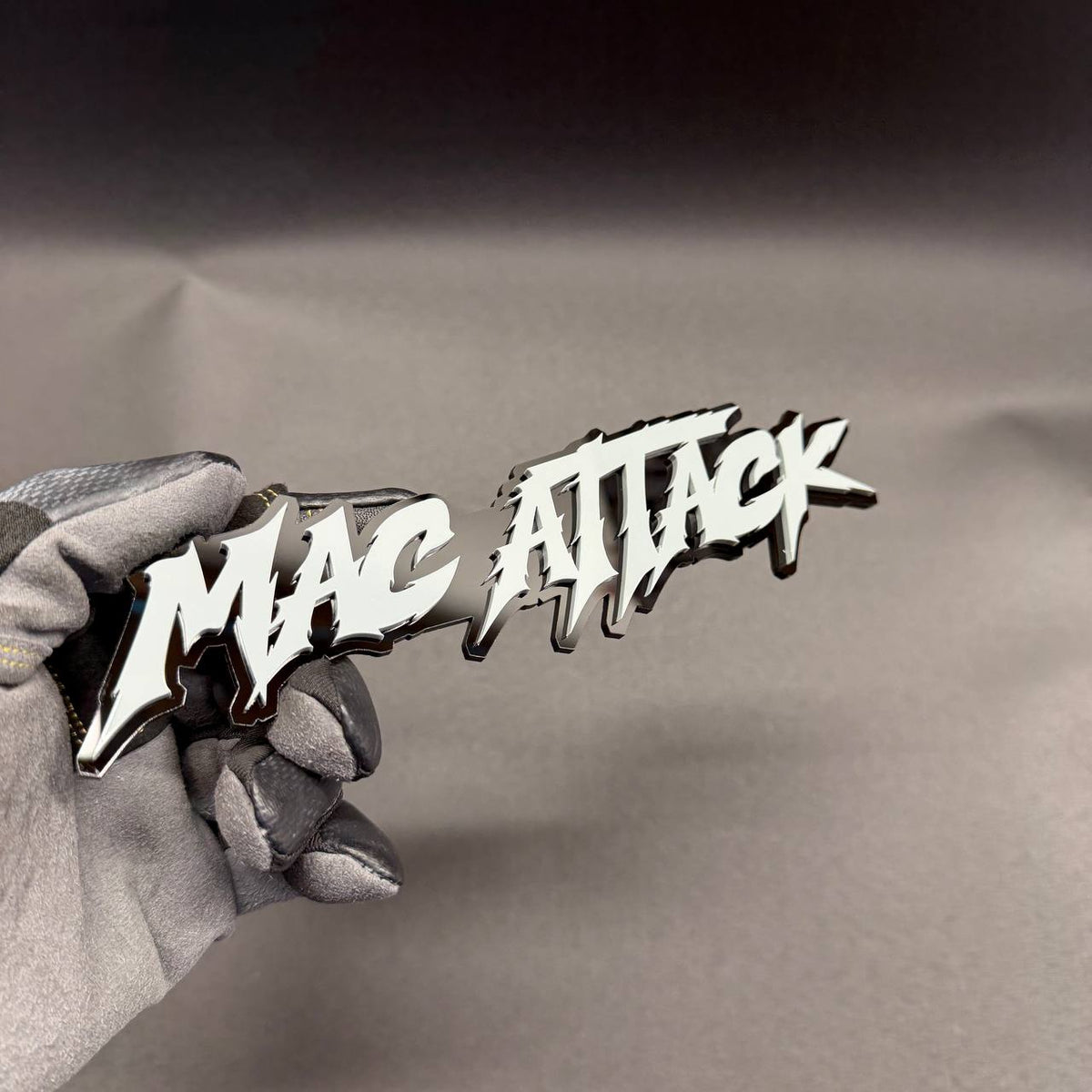 Custom automotive text badge with aggressive sharp lettering for cars, trucks, SUVs and custom builds