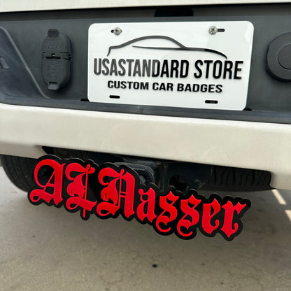Personalized hitch receiver cover with custom text for truck exterior styling