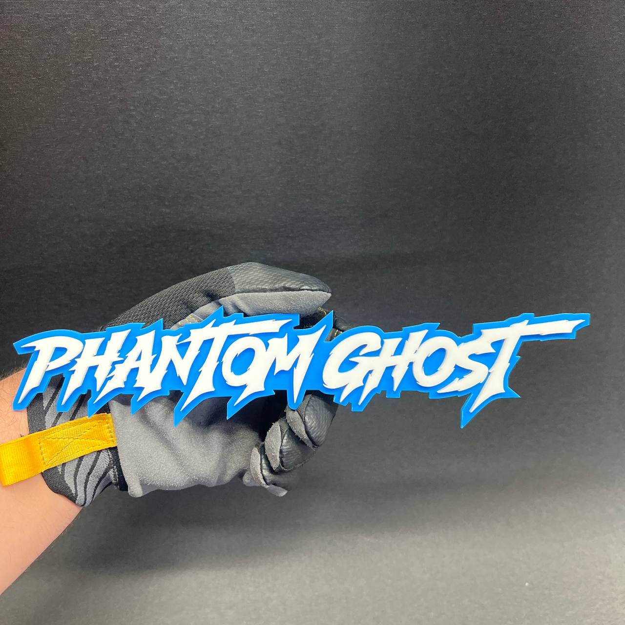 Layered acrylic Phantom Ghost badge with bold racing inspired lettering for car exterior mods