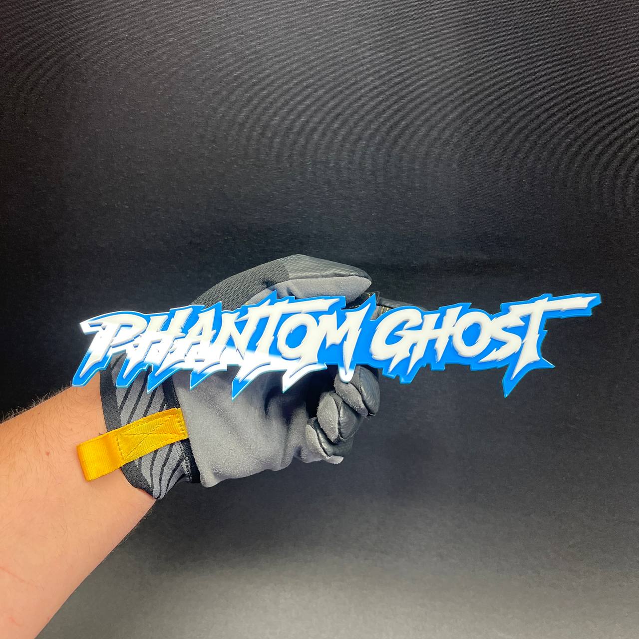 Phantom Ghost blue outline acrylic emblem designed for performance inspired automotive styling