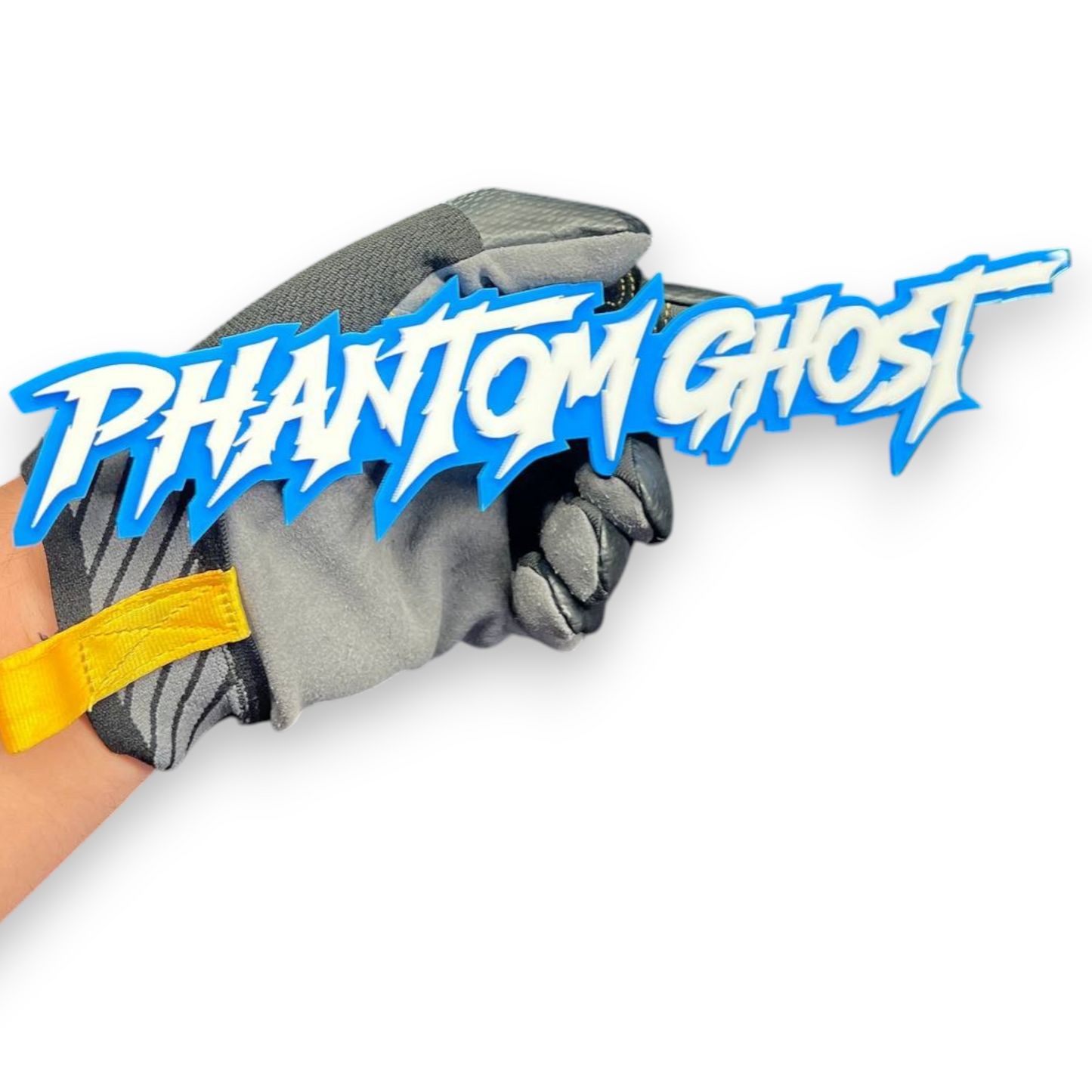 Phantom Ghost custom acrylic car badge with blue outline and white text for truck fender emblem