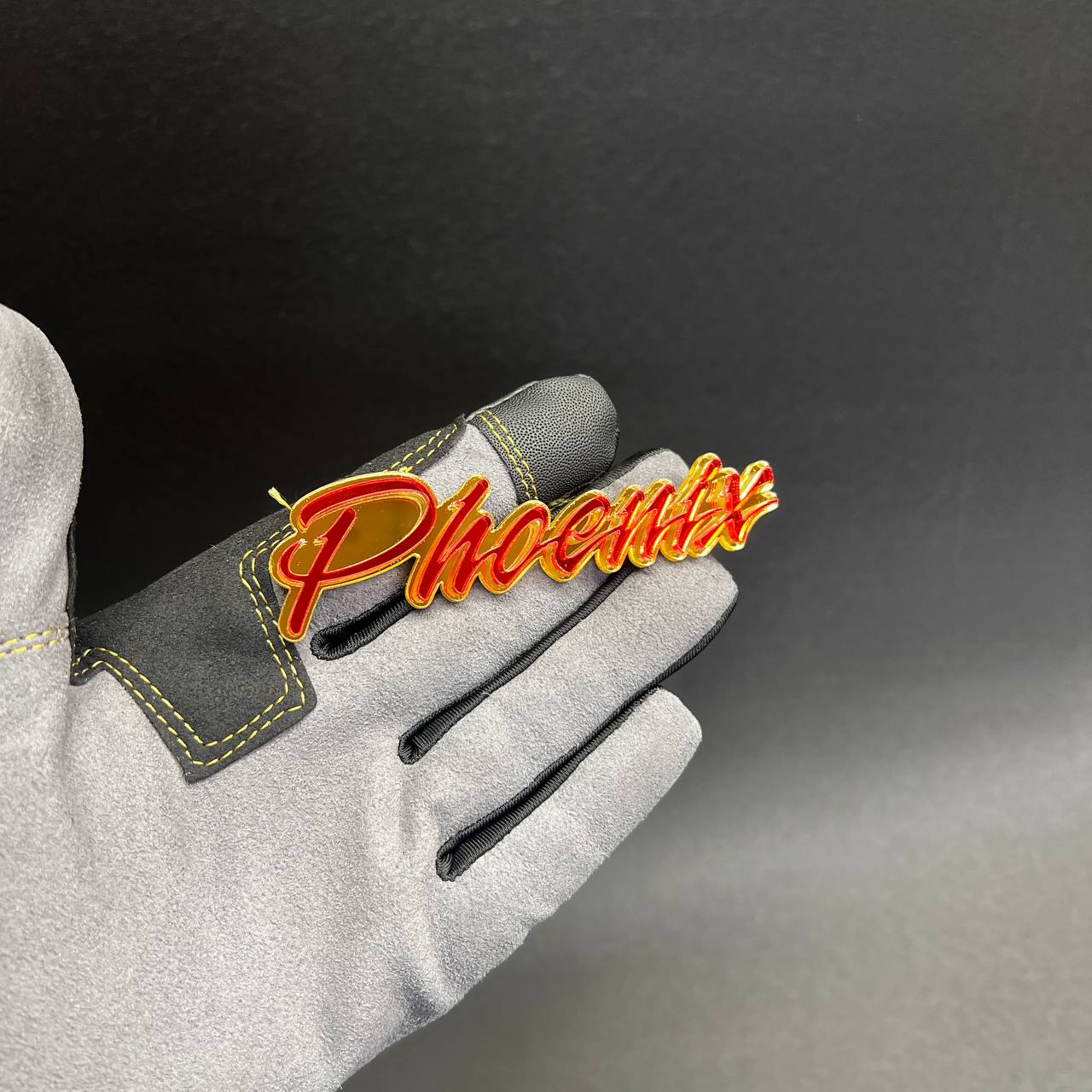 Red and gold Phoenix acrylic badge decal for Dodge Charger custom exterior trim.