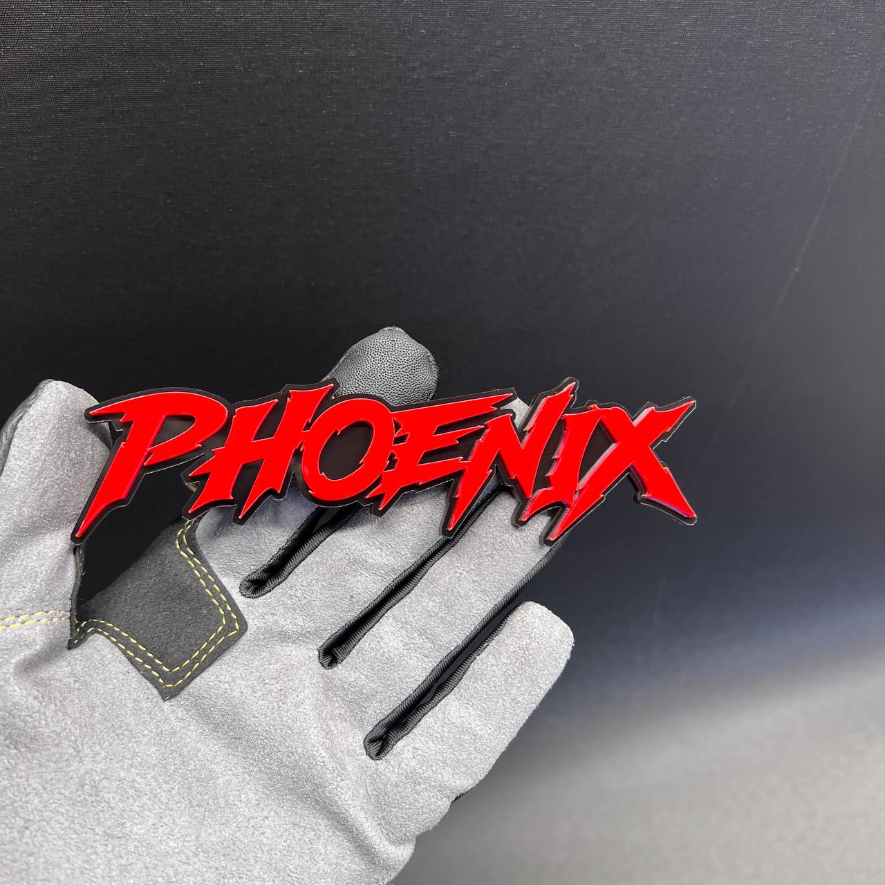 Phoenix red and black custom text badge for car fender or trunk